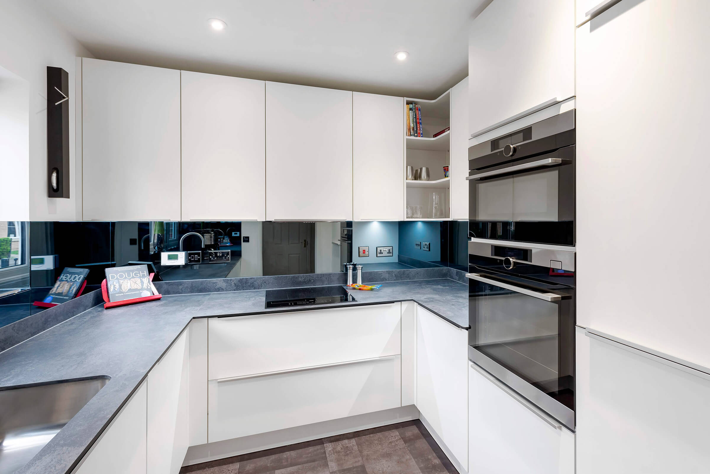 Modern Kitchen Design: Contemporary Matt White Kitchen with Magma Zenith Compact Laminate Worktop
